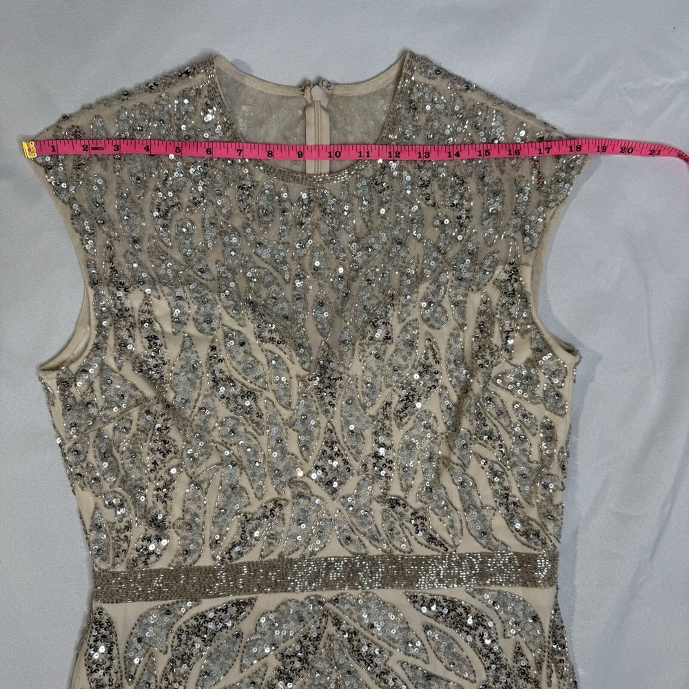 Mac Duggal Nude Silver Illusion Sheer Cap Sleeve Bead Sequin Belted Modest 5532 - Picture 13 of 16